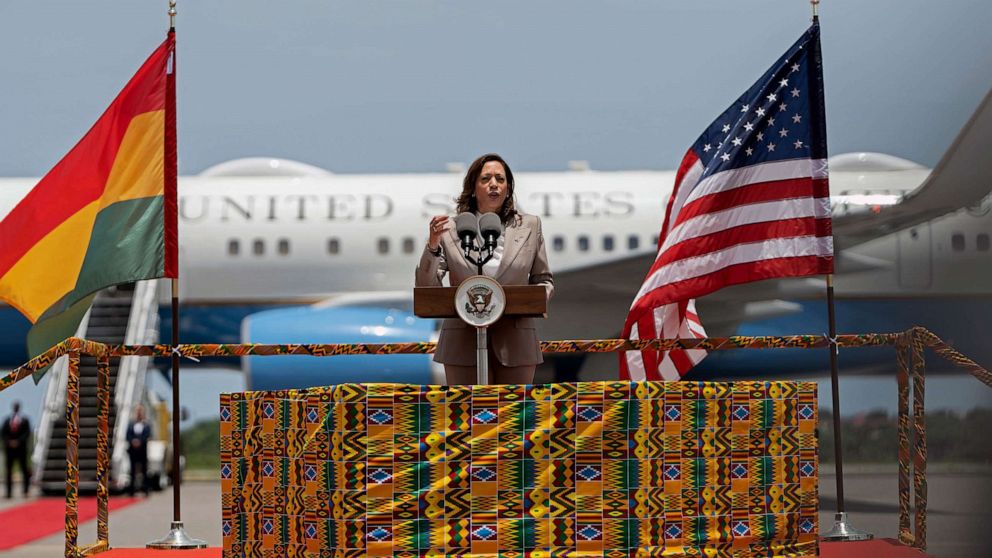 Kamala Harris delivering a speech upon her arrival at the Kotoka International Airport un Accra.