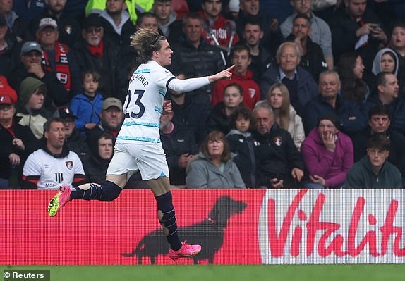 Connor Gallagher celebrates his opener against AFC Bournemouth in the Premier League. Chelsea won 1-3, the first since Frank Lampard returned to the club.