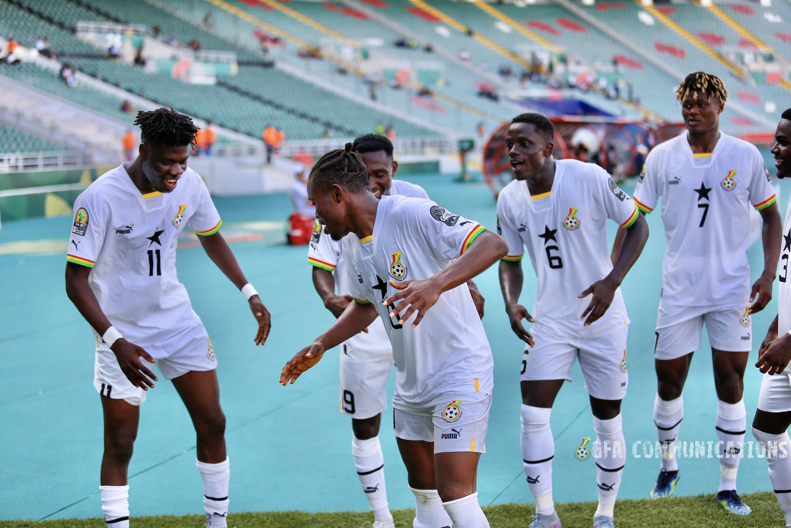 Black Meteors players celebrate a goal during their U-23 AFCON Group Stage match against Congo at the Prince Moulay Abdellah Stadium in Morocco on June 25, 2023.