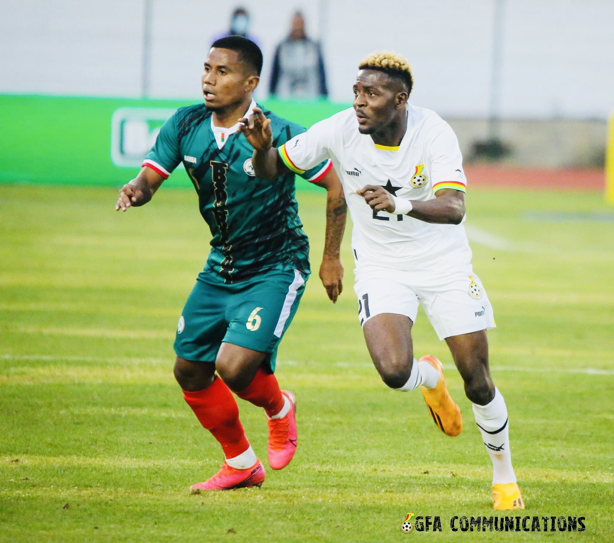 Salis Abdul Samed of the Black Stars and Ando Manoelantsoa chase the ball during the Madagascar vs Ghana 2023 AFCON qualifying match at the Mahamasina Municipal Stadium on June 18, 2023.