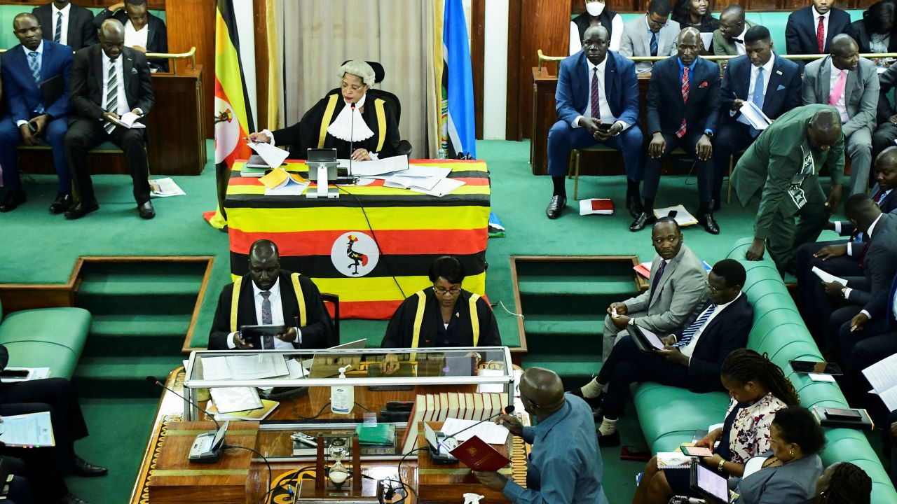 Bugiri Municipality Member of Parliament Asuman Basalirwa, addresses the house as he participates in the debate of the Anti-Homosexuality bill, which proposes tough new penalties for same-sex relations during a sitting at the Parliament buildings in Kampala, Uganda March 21, 2023.