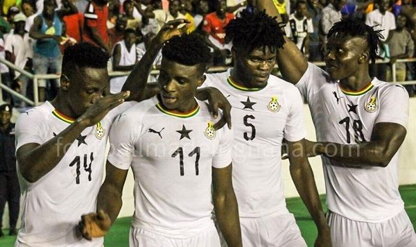 Mohammed Kudus, Thomas Partey and two other Black Stars players celebrate a goal
