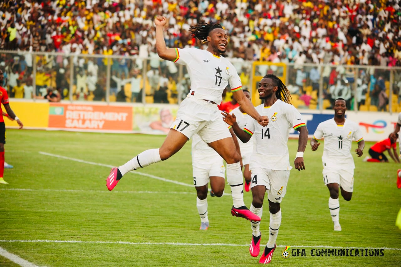 Antione Semenyo jumps to celebrate his goal for the Black Stars