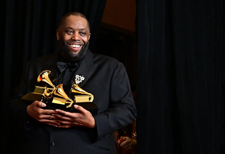 Killer Mike poses with his three Grammy awards at the Crypto.com Arena