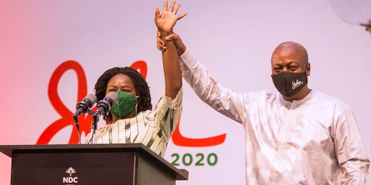 John Mahama raises the hand of Prof Jane Naana Opoku-Agyemang his 2020 running mate