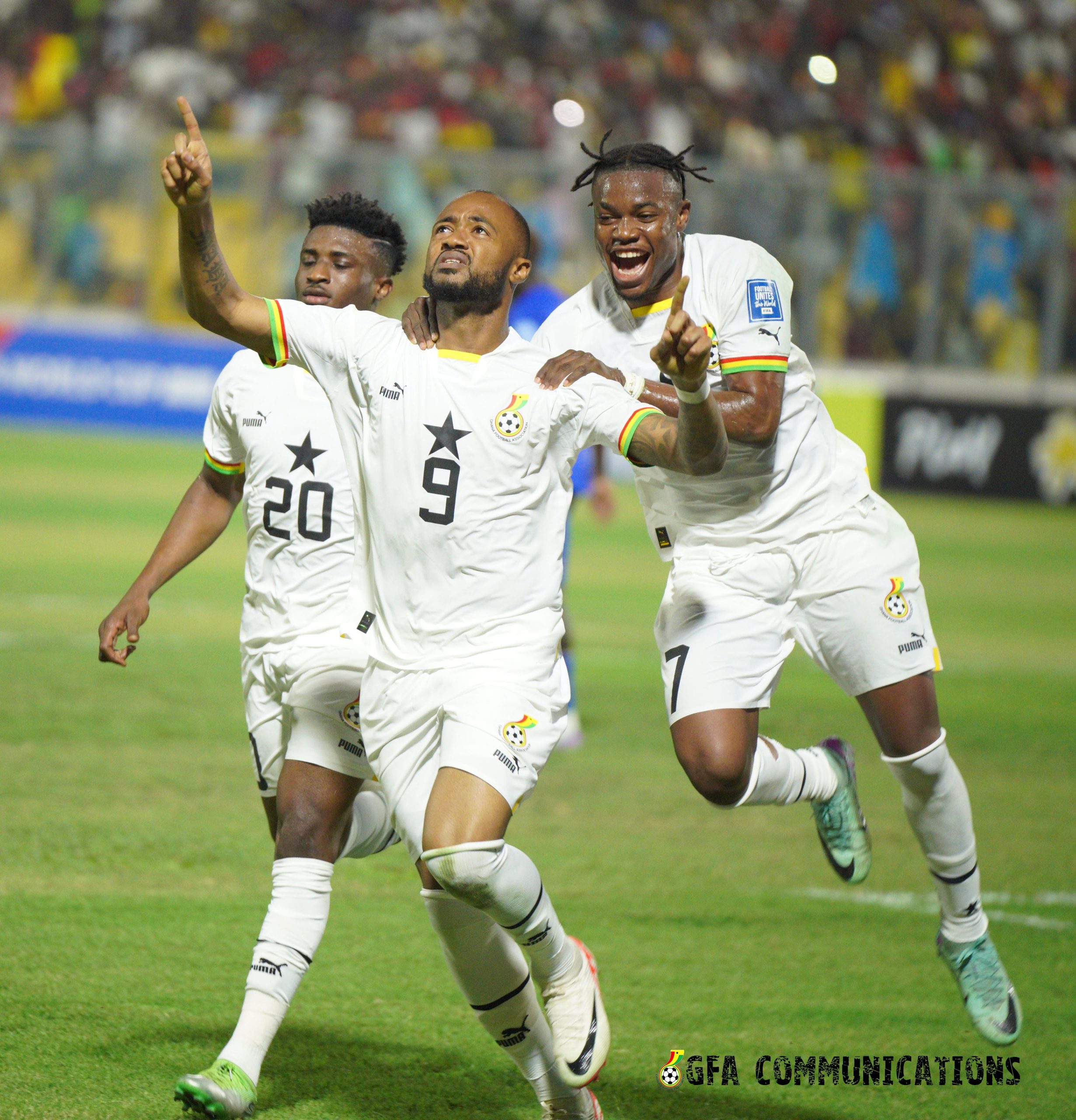 Jordan Ayew celebrates one of his goals against the Central African Republic with Fatawu Issahaku and Mohammed Kudus in Kumasi on June 10, 2024